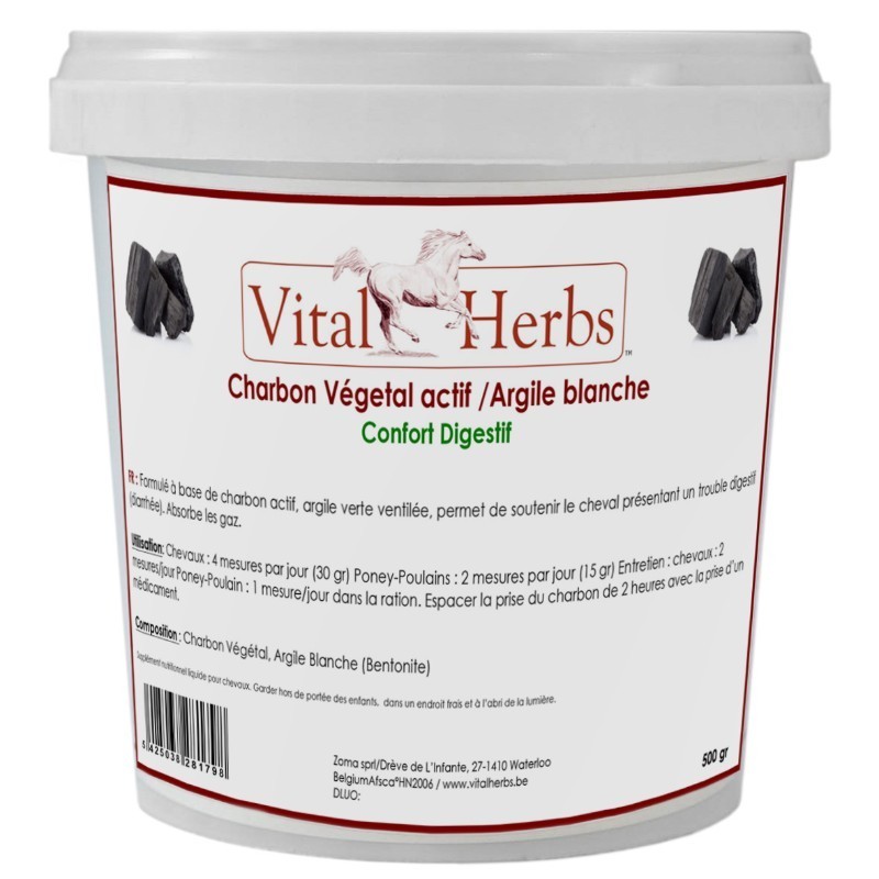 Charbon végétal actif - Argile blanche digestion cheval 500g Vital Herbs